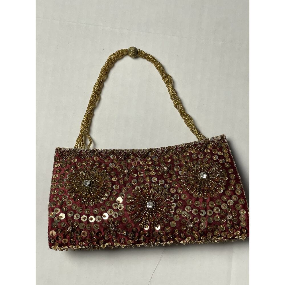 Women's Red Beaded and Sequined Clutch Purse with Gold Beaded Handlle, Wedding‎